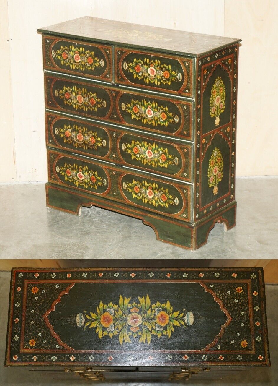 ANTIQUE SWEDISH HAND PAINTED GREEN FLORAL TWO OVER THREE CHEST OF DRAWERS