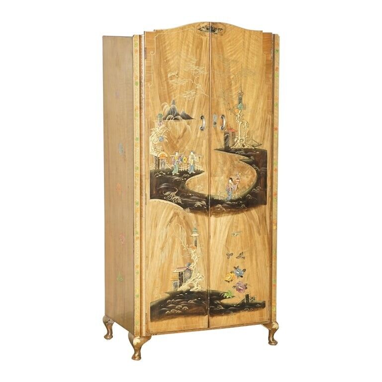 EXQUISITE CHINESE EXPORT CHINOISERIE WALNUT DOUBLE WARDROBE PART OF A SUITE