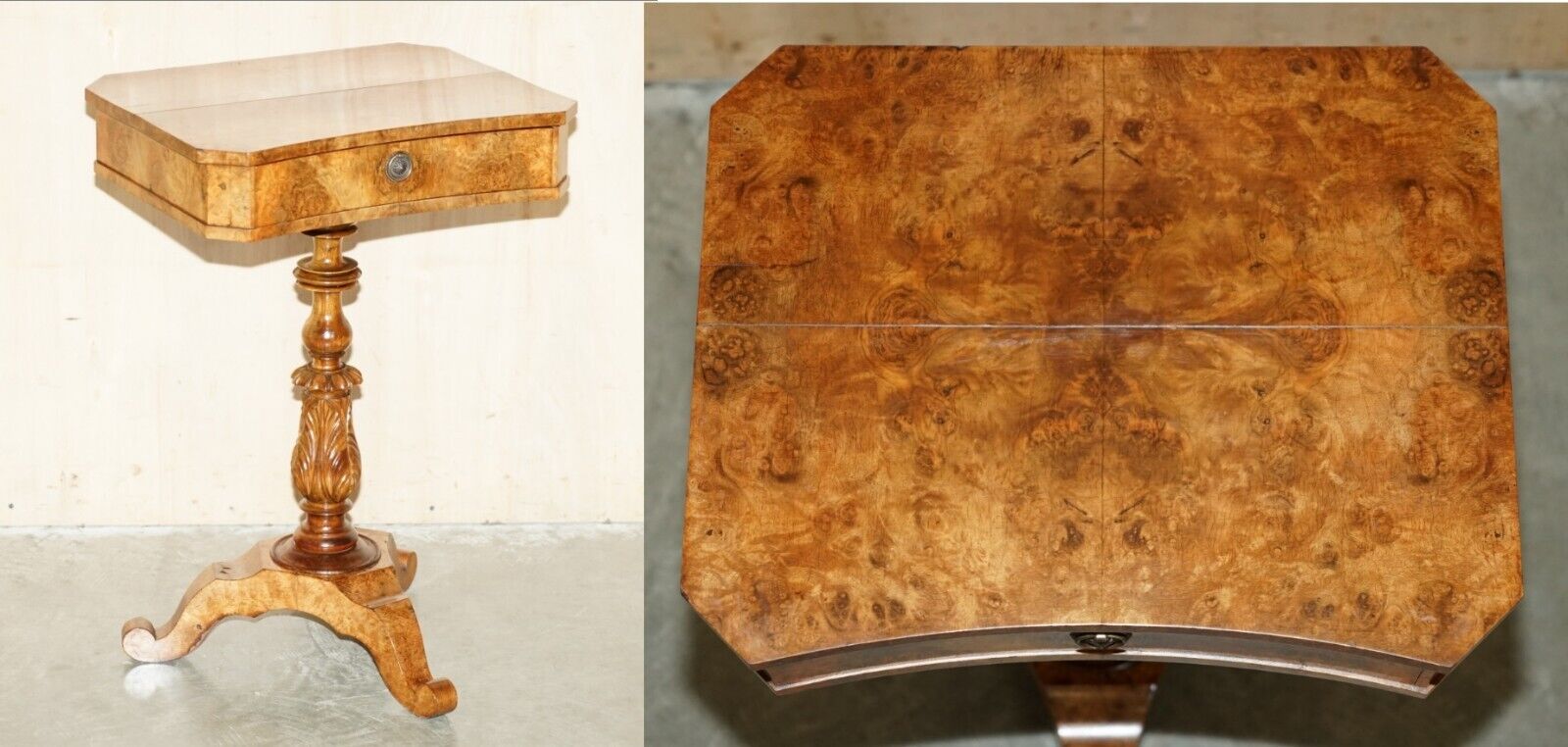 EXQUISITE QUALITY WILLIAM IV CIRCA 1830 BURR WALNUT SIDE END WORK SEWING TABLE