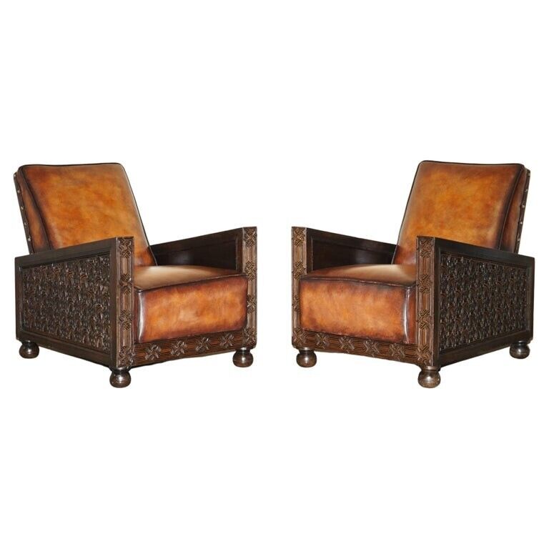FINE PAIR OF FULLY RESTORED ANTIQUE ART DECO ARMCHAIRS HAND CARVED CARVED PANELS