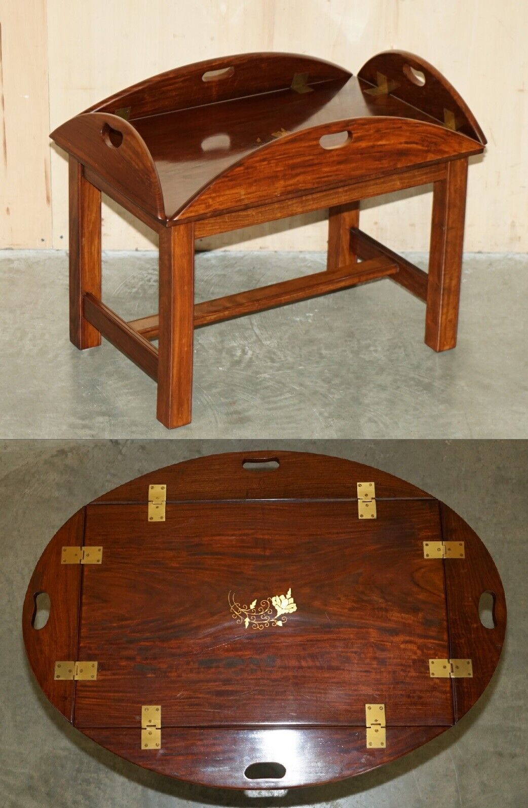 FINE VINTAGE ENGLISH MAHOGANY & BRASS BUTLERS TRAY TABLE WITH FOLDING SIDES