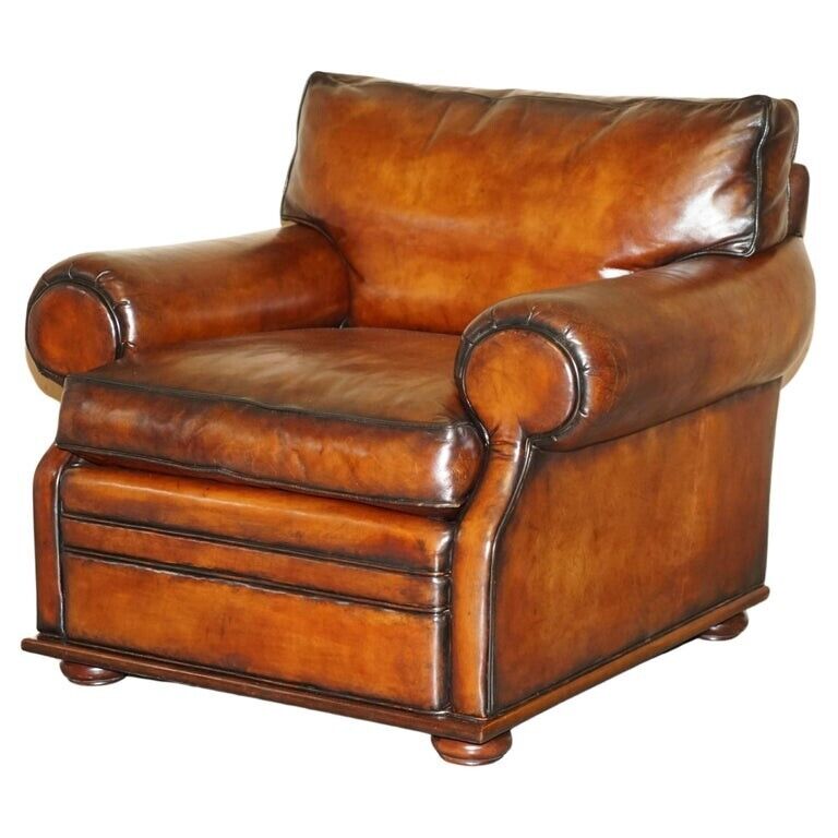 LARGE FULLY RESTORED RALPH LAUREN HAND DYED CIGAR BROWN LEATHER CLUB ARMCHAIR