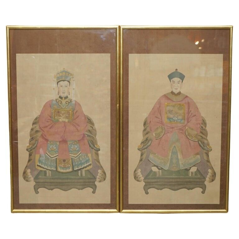 LARGE PAIR OF 133X78CM ANTIQUE CHINESE ANCESTRAL PORTRAITS WITH GOLD BORDERS