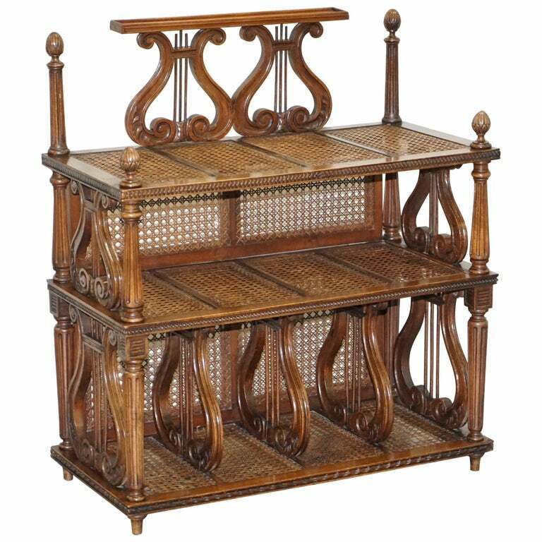LOVELY MUSICALLY INSPIRED FRENCH WALNUT ETAGERE BOOKCASE WHATNOT BERGERE RATTAN