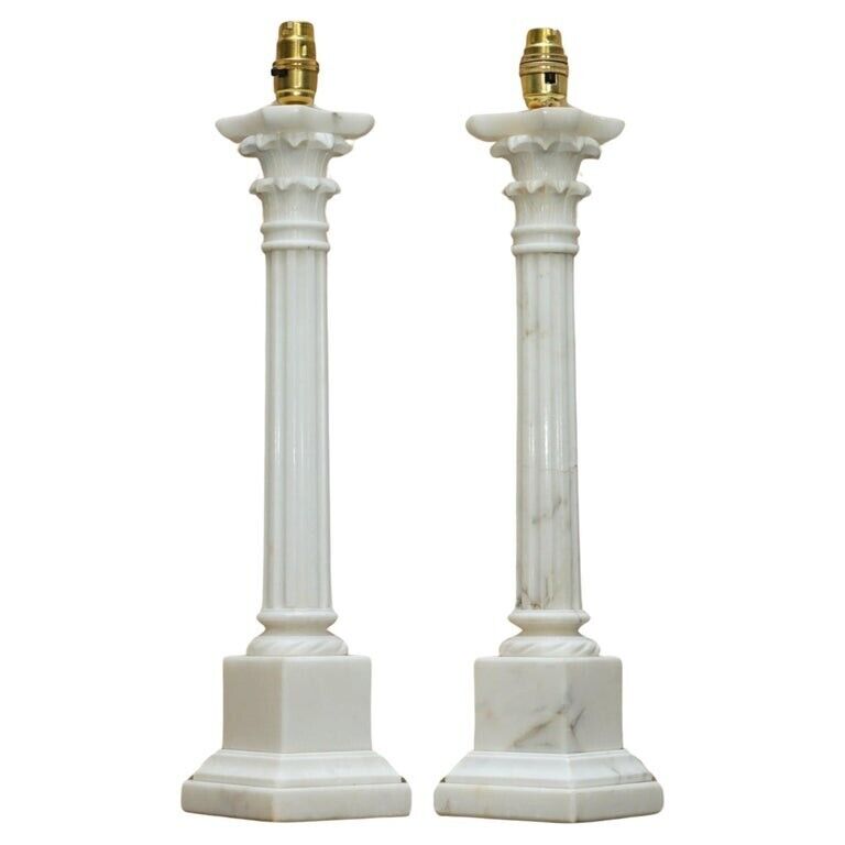 LOVELY PAIR OF LARGE VINTAGE MADE IN ITALY MARBLE CORINTHIAN PILLAR TABLE LAMPS