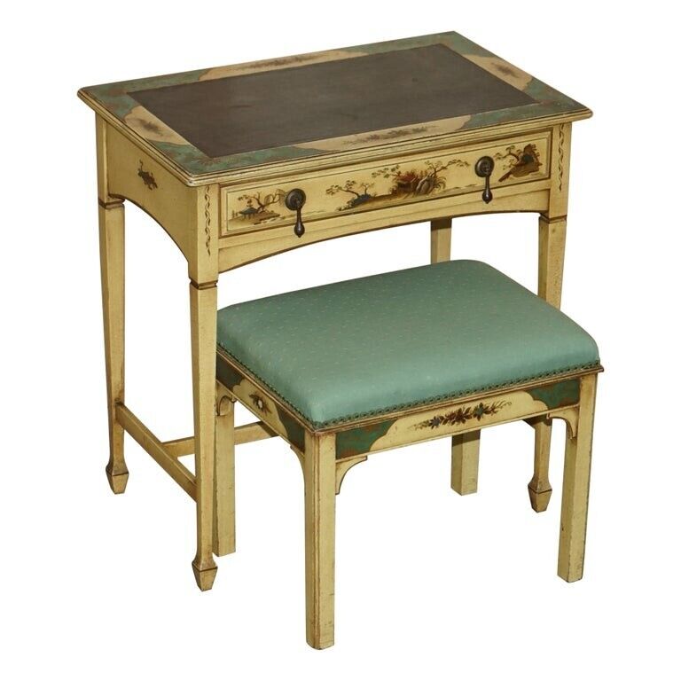 LOVELY VINTAGE CHINESE CHINOISERIE WRITING TABLE WITH ORIGINAL STOOL LEATHER TOP