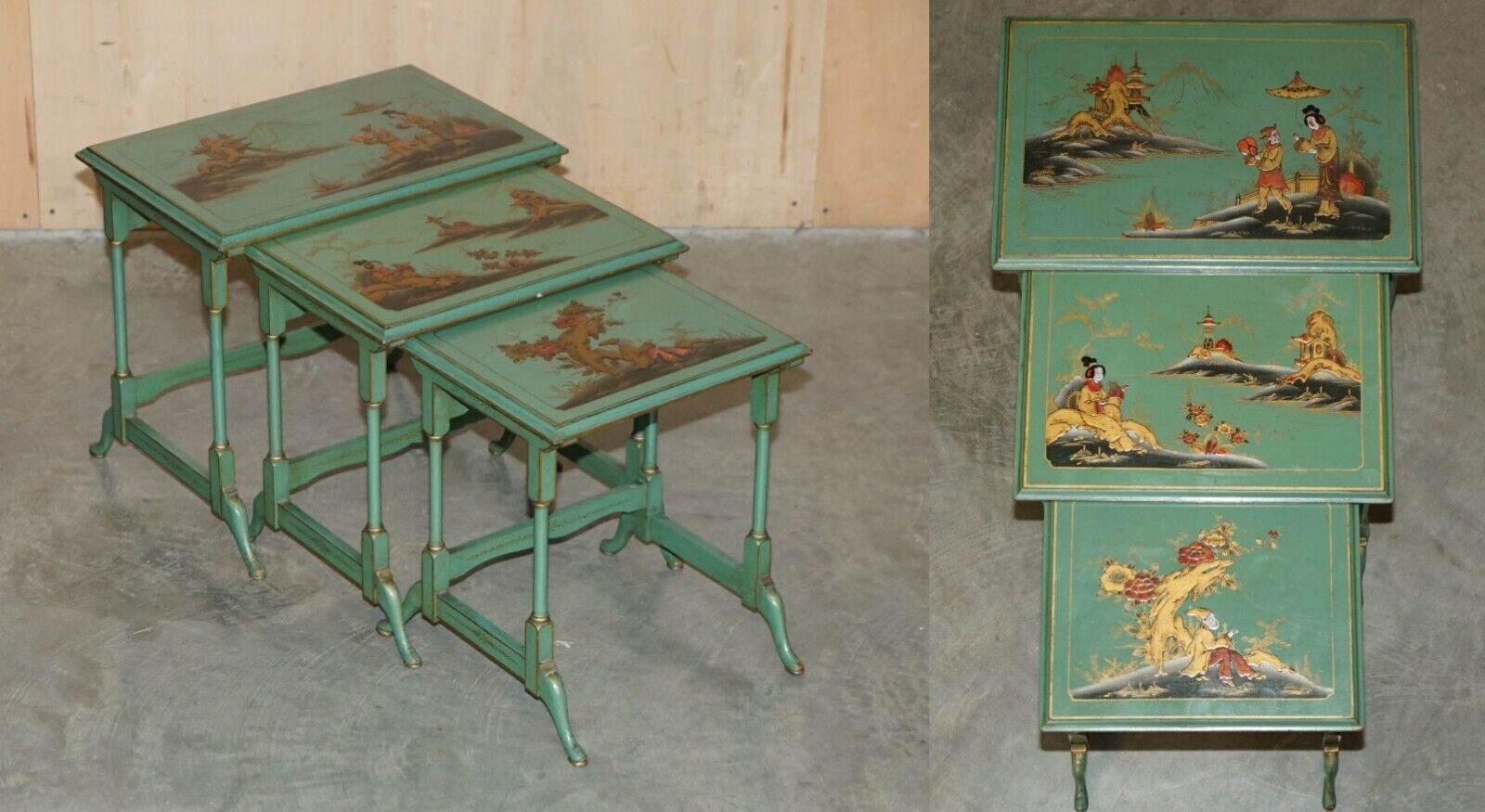NEST OF THREE ANTIQUE CIRCA 1920 CHINESE CHINOISERIE SIDE TABLES HAND PAINTED