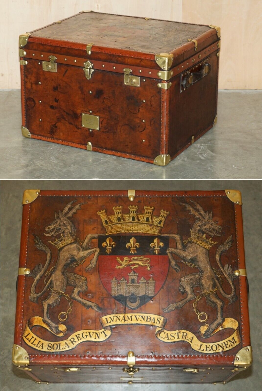 ONE OF A KIND ANTIQUE BROWN LEATHER STEAMER TRUNK WITH ARMORIAL COAT OF ARMS