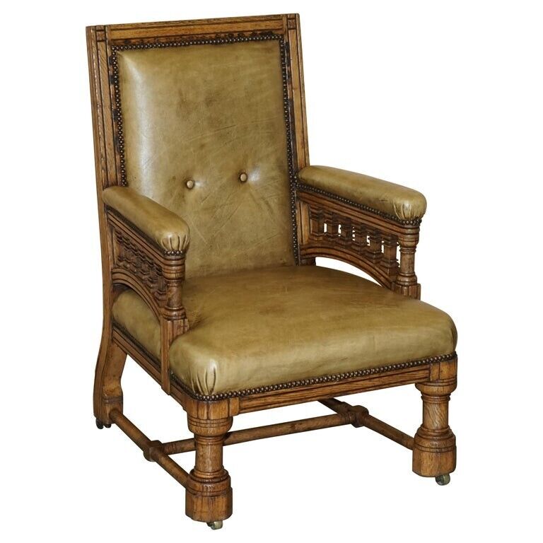 ORIGINAL VICTORIAN ENGLISH OAK HAND DYED LEATHER LIBRARY READING ARMCHAIR