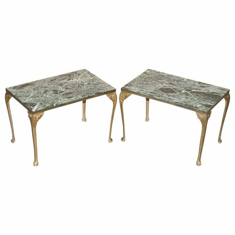 PAIR OF CIRCA 1900 GREEN MARBLE TOP OCCASION SIDE TABLES WITH BRONZED FRAMES