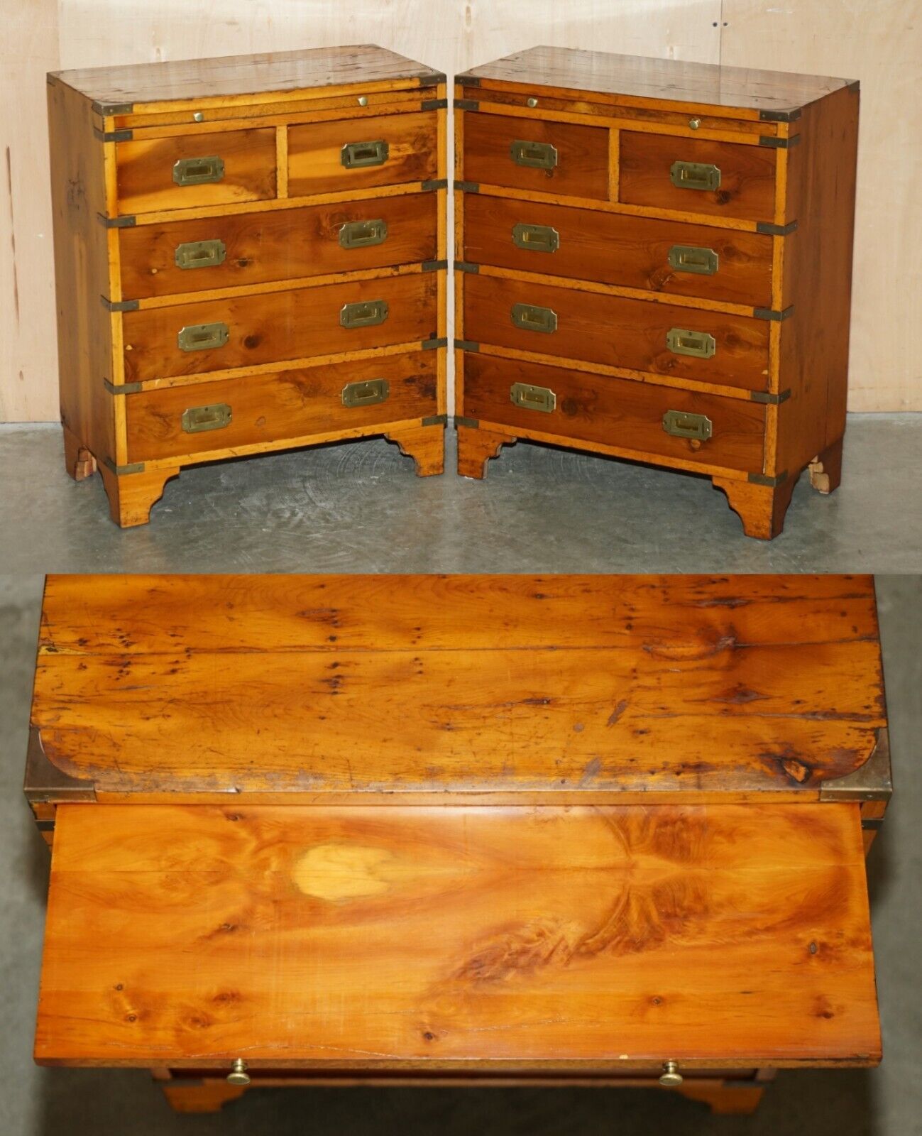 PAIR OF DISTRESSED MILITARY CAMPAIGN BURR YEW WOOD SIDE TABLES WITH DRAWERS TRAY