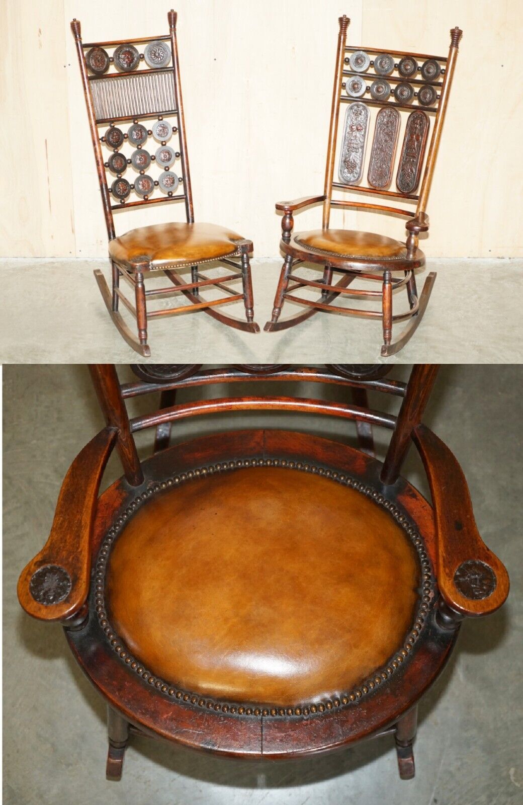 PAIR OF FULLY RESTORED ANTIQUE VICTORIAN BROWN LEATHER HIS & HER ROCKING CHAIRS