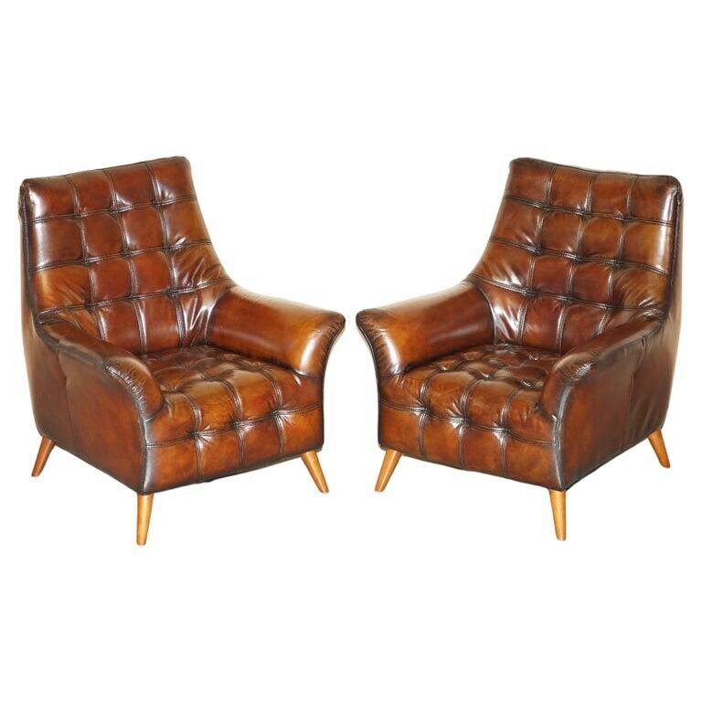 PAIR OF FULLY RESTORED HAND DYED CHESTERFIELD WHISKY BROWN LEATHER ARMCHAIRS