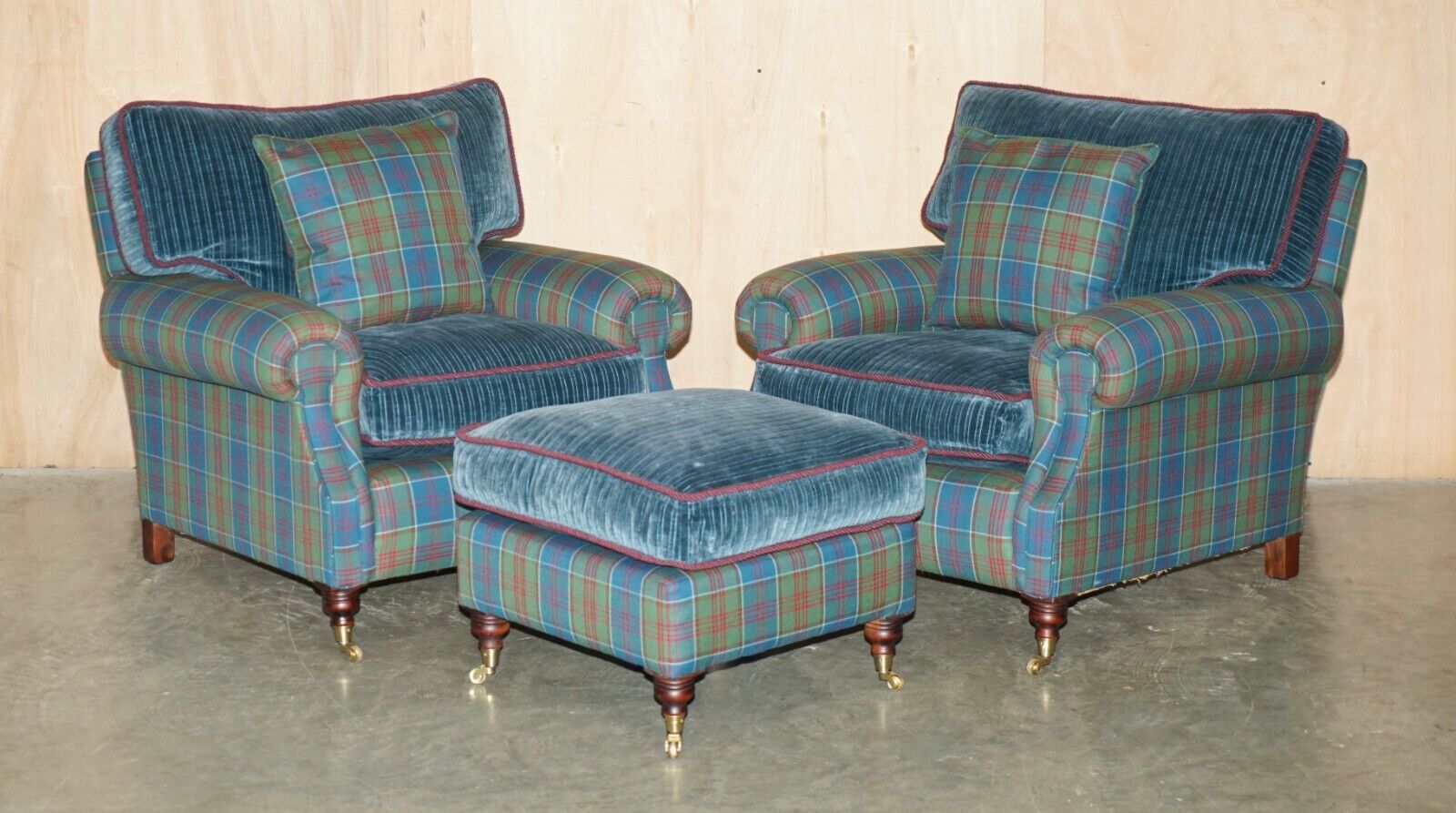 PAIR OF GEORGE SMITH ATTRIBUTED SIGNATURE SCROLL ARMCHAIRS WITH FOOTSTOOL