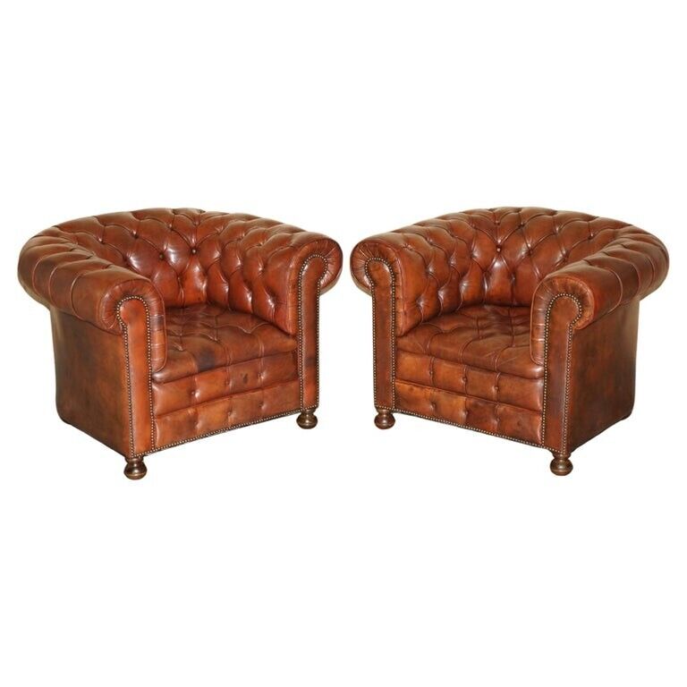 PAIR OF VINTAGE 1920 FULLY COIL SPRUNG BROWN LEATHER CHESTERFIELD CLUB ARMCHAIRS