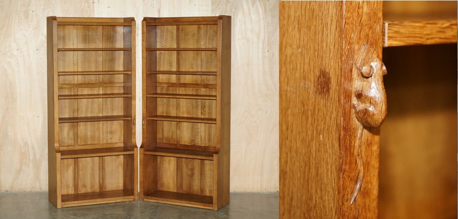 PAIR OF VINTAGE ROBERT MOUSEMAN THOMPSON ENGLISH OAK CARVED LIBRARY BOOKCASES