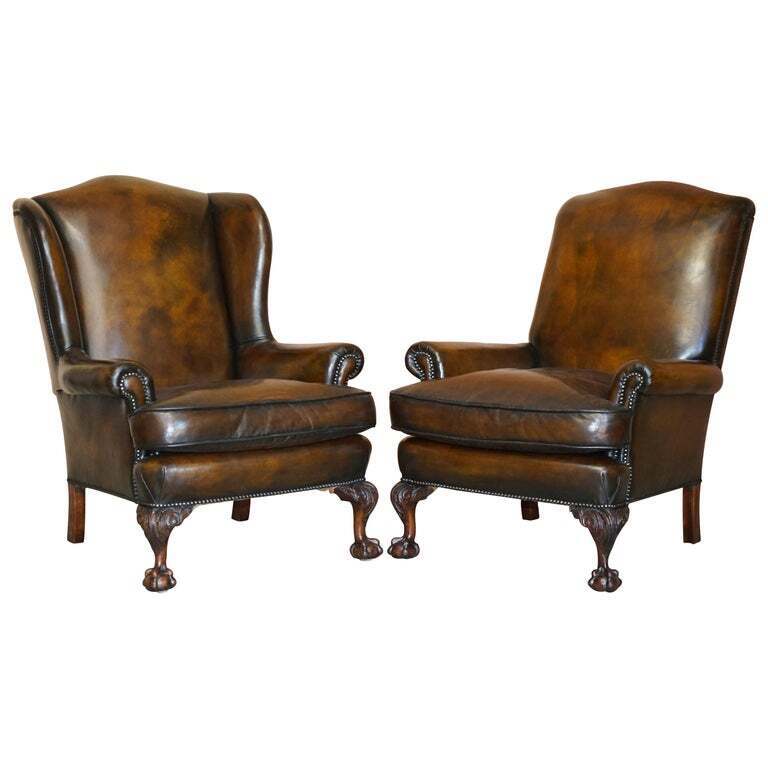 Pair of Antique Claw & Ball Restored Hand Dyed Brown Leather Wingback Armchairs