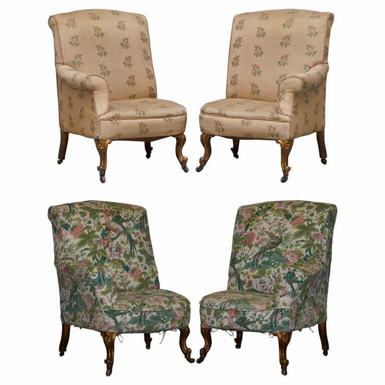 RARE PAIR OF GILTWOOD VICTORIAN ASYMMETRICAL ARMCHAIRS EMBROIDERED BIRD COVERS