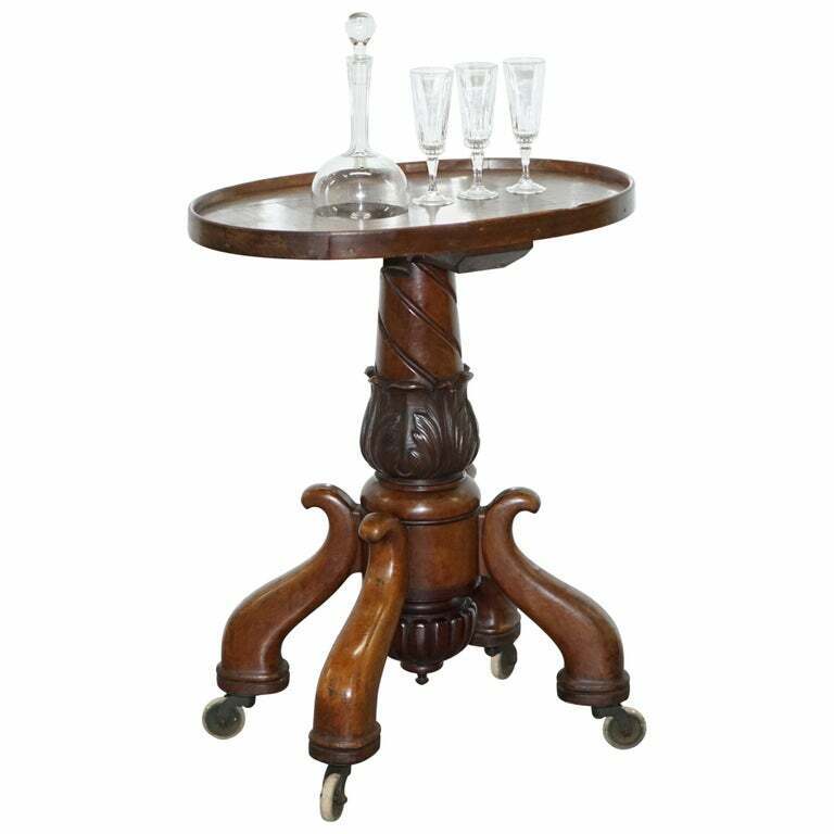 RARE VICTORIAN 1860 MAHOGANY DRINKS TABLE WITH CRYSTAL DECANTER & GLASSES WHEELS