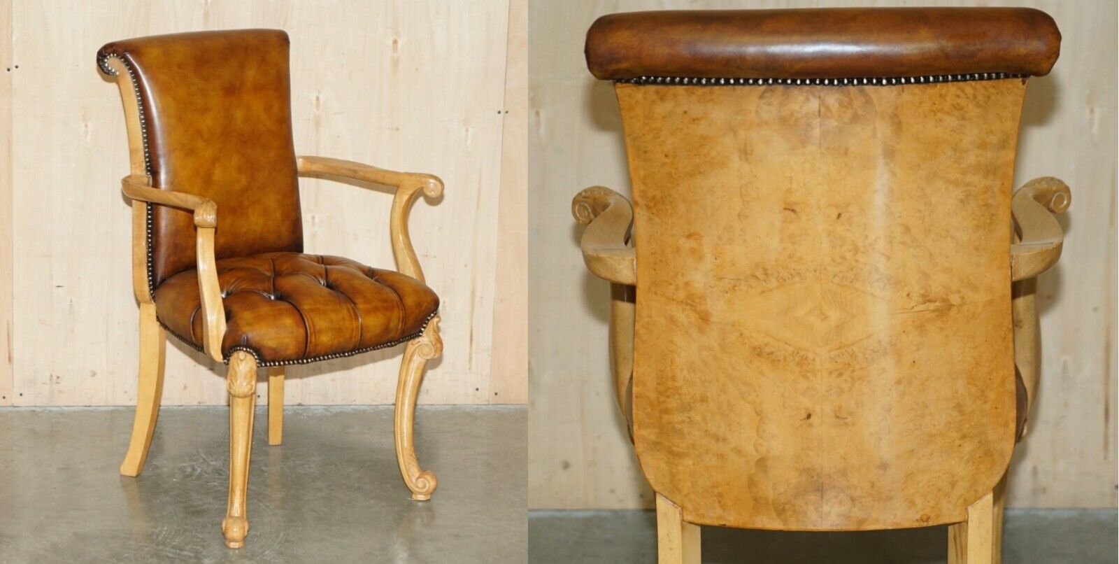 RESTORED ART DECO 1920'S BURR WALNUT BROWN LEATHER CHESTERFIELD OFFICE ARMCHAIR