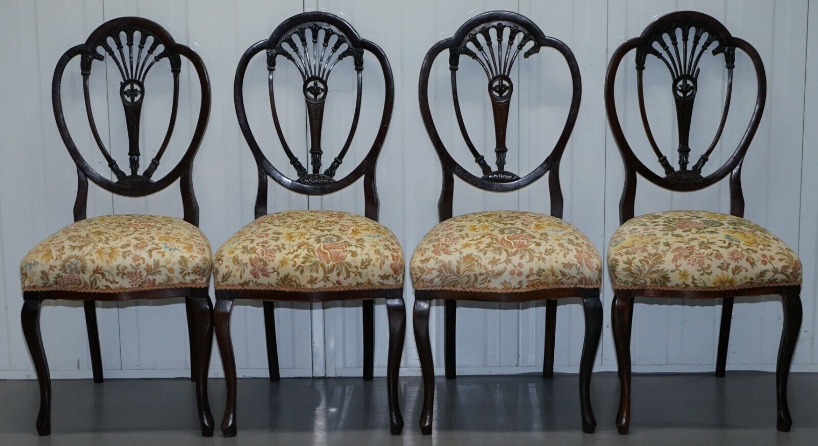 SET OF FOUR VICTORIAN CHAIRS MAHOGANY FLORAL UPHOLSTERY FOR RESTORATION REPAIRS