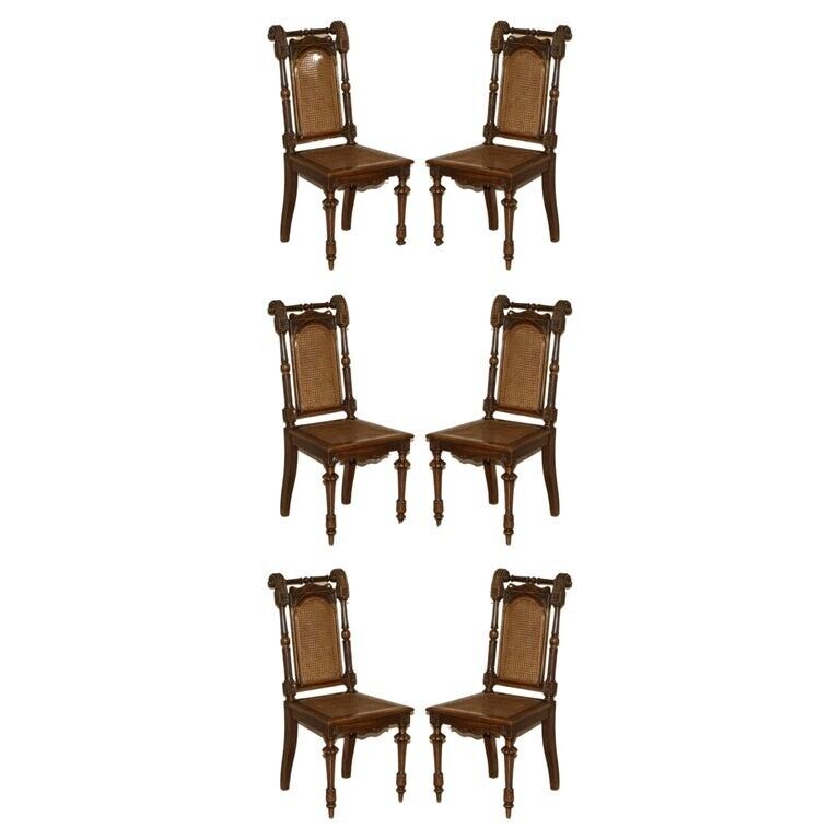 SIX ANTIQUE HAND CARVED WALNUT BROWN LEATHER JACOBEAN REVIVAL DINING CHAIRS 6