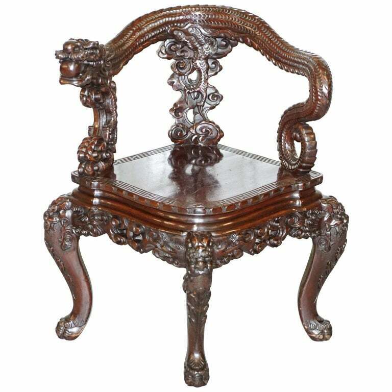 STAMPED JAPANESE CIRCA 1880 QING DYNASTY CARVED ROSEWOOD DRAGON CORNER ARMCHAIR