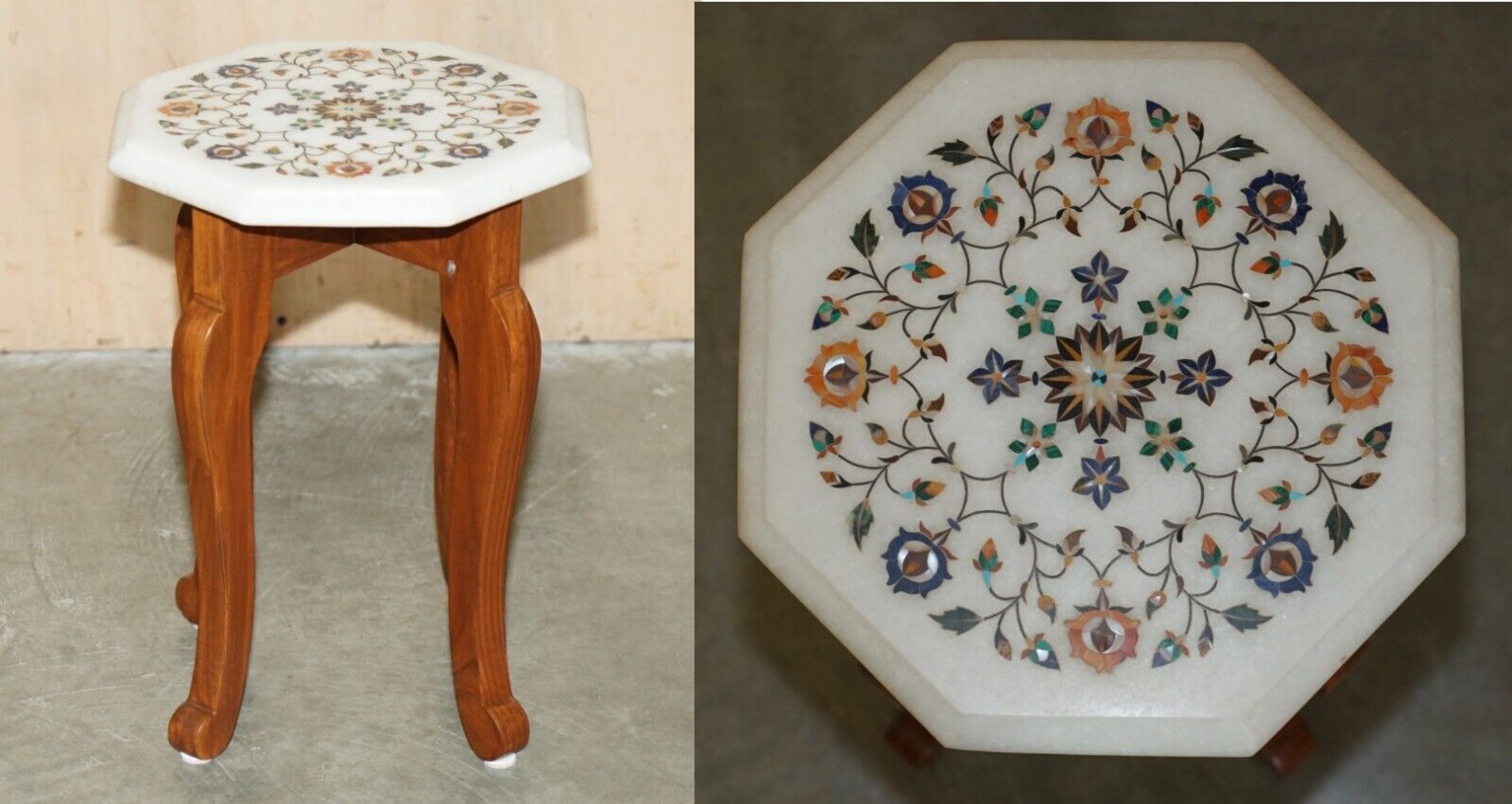 STUNNING MID CENTURY INDIAN MARBLE PIETRA DURA INLAY SIDE TABLE WITH RECEIPT