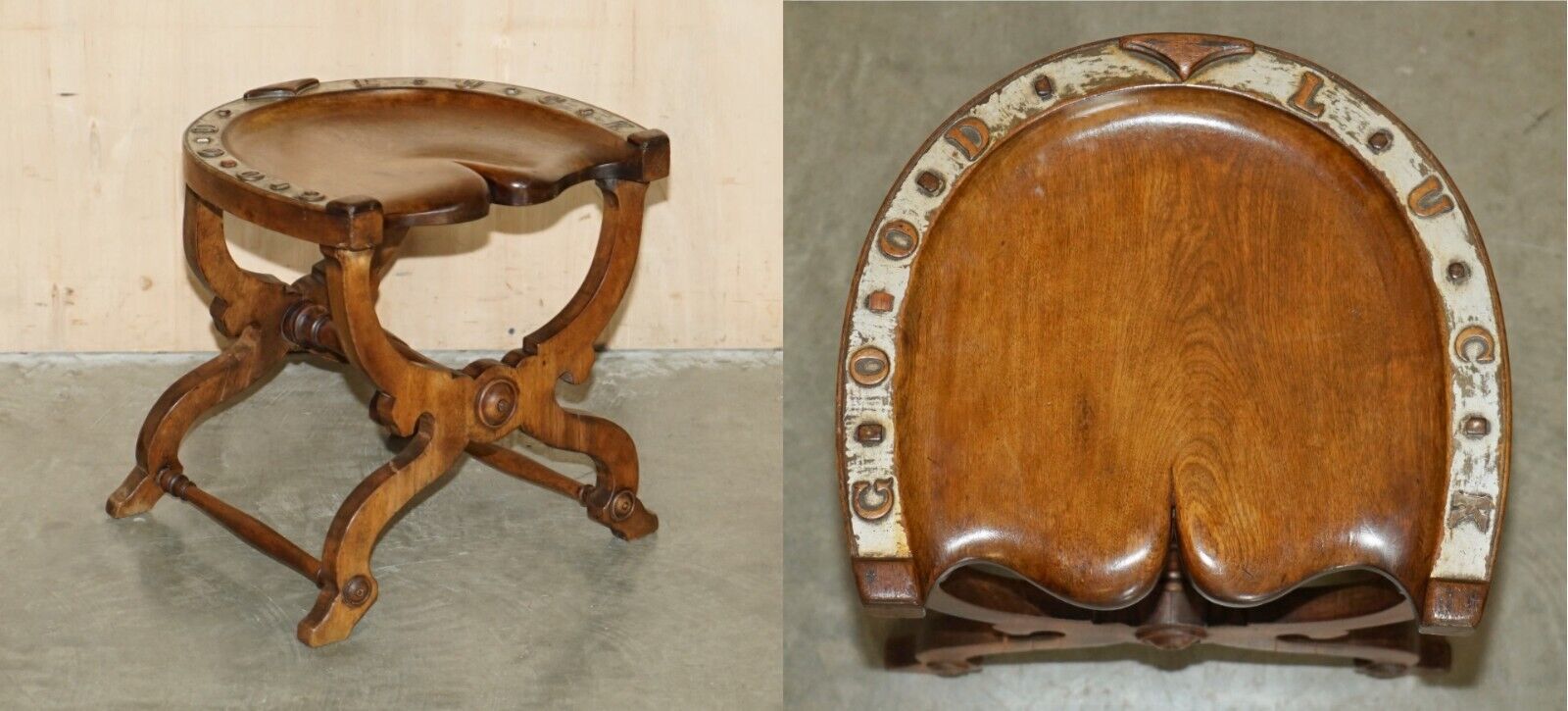 SUBLIME ANTIQUE VICTORIAN HAND CARVED ENGLISH OAK "GOOD LUCK" HORSE SHOE STOOL
