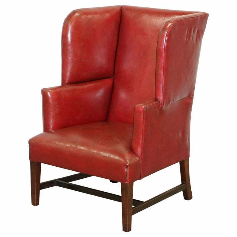 SUBLIME EARLY GEORGIAN CIRCA 1780 PORTERS WINGBACK ARMCHAIR POSTBOX RED LEATHER
