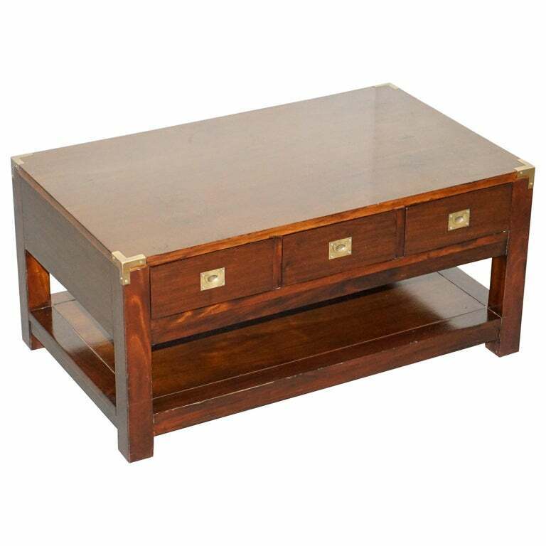 SUBSTANTIAL MILITARY CAMPAIGN STYLE MAHOGANY AND BRASS COFFEE TABLE WITH DRAWERS