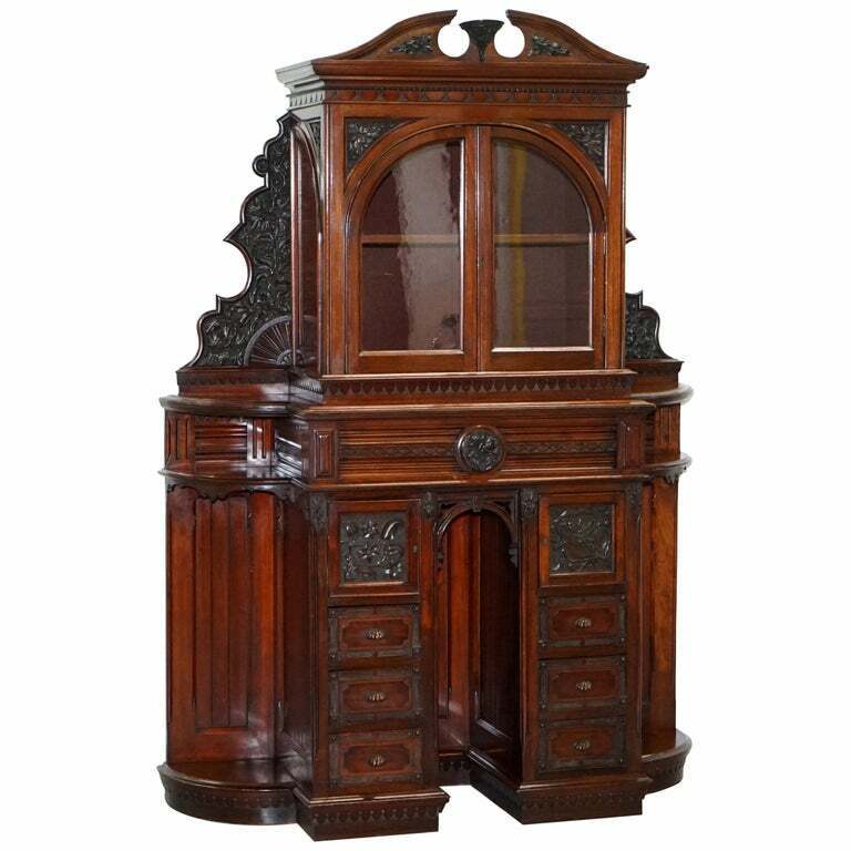 VERY RARE HAND CARVED WALNUT VICTORIAN CABINET WITH DRAWERS CUPBOARDS 188CM TALL