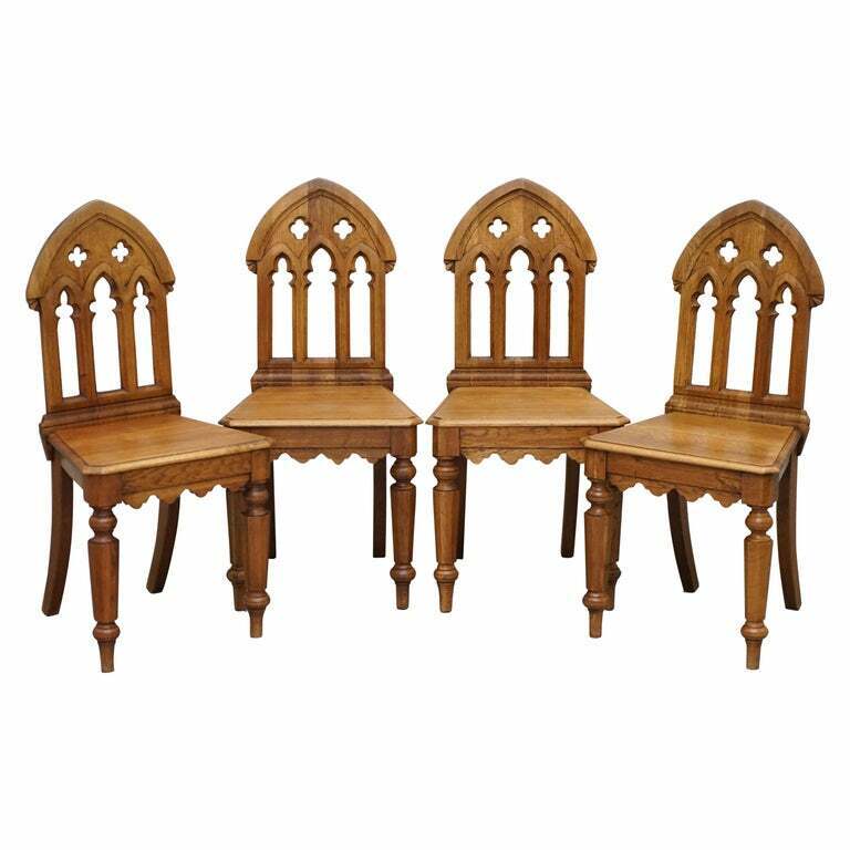 X4 AMAZING VINTAGE GOTHIC STEEPLE BACK DINING CHAIRS LOVELY PUGIN STYLE CARVING