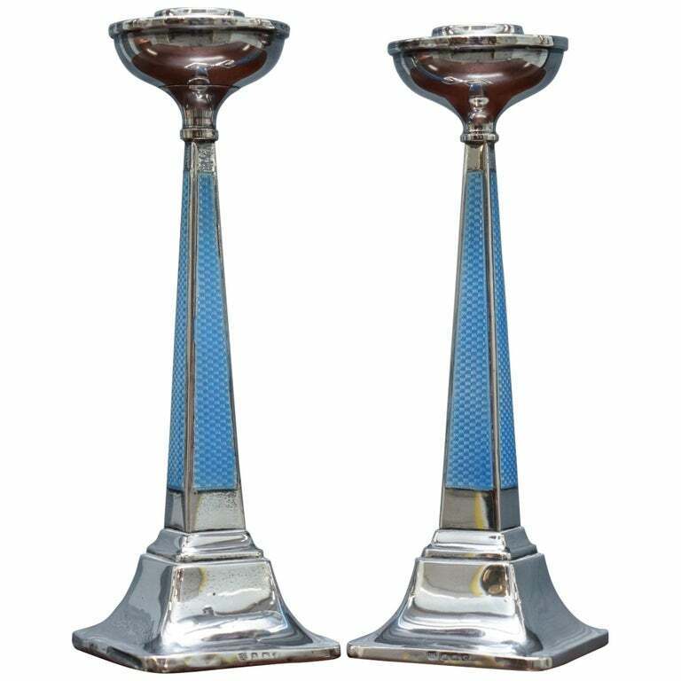 1927 STERLING SILVER & GUILLOCHE ENAMEL CANDLESTICKS PAIR BY CHARLES GREEN & CO