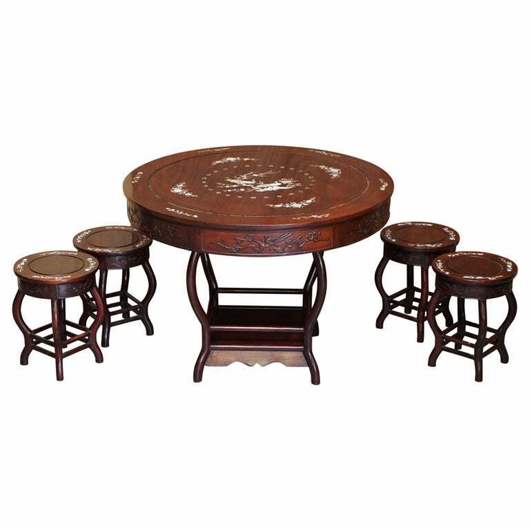 ANTIQUE CHINESE 1900 MING DYNASTY ROSEWOOD MOTHER OF PEARL INLAID TABLE & STOOLS