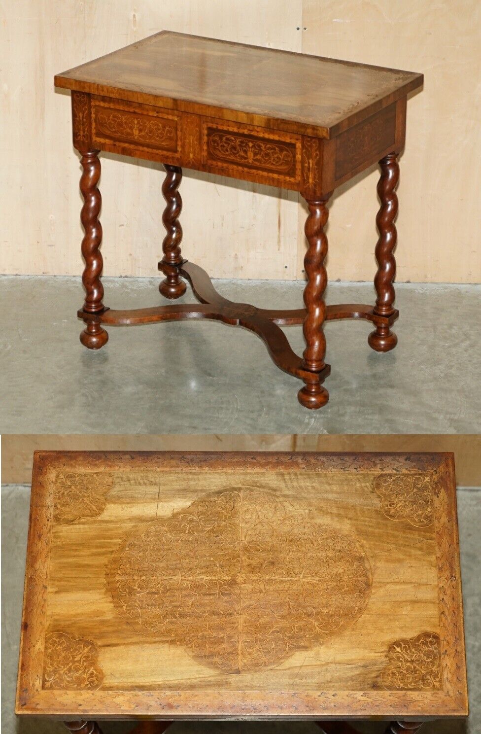 ANTIQUE WILLIAM & MARY STYLE RESTORED SEAWEED MARQUETRY SINGLE DRAWER TABLE DESK