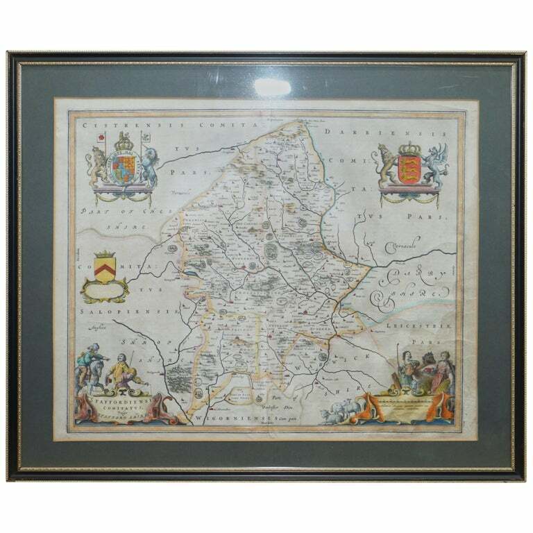 DOUBLE SIDED AND GLAZED CHESHIRE 1645 HAND COLOURED ANTIQUE PRINT MAP RARE FIND
