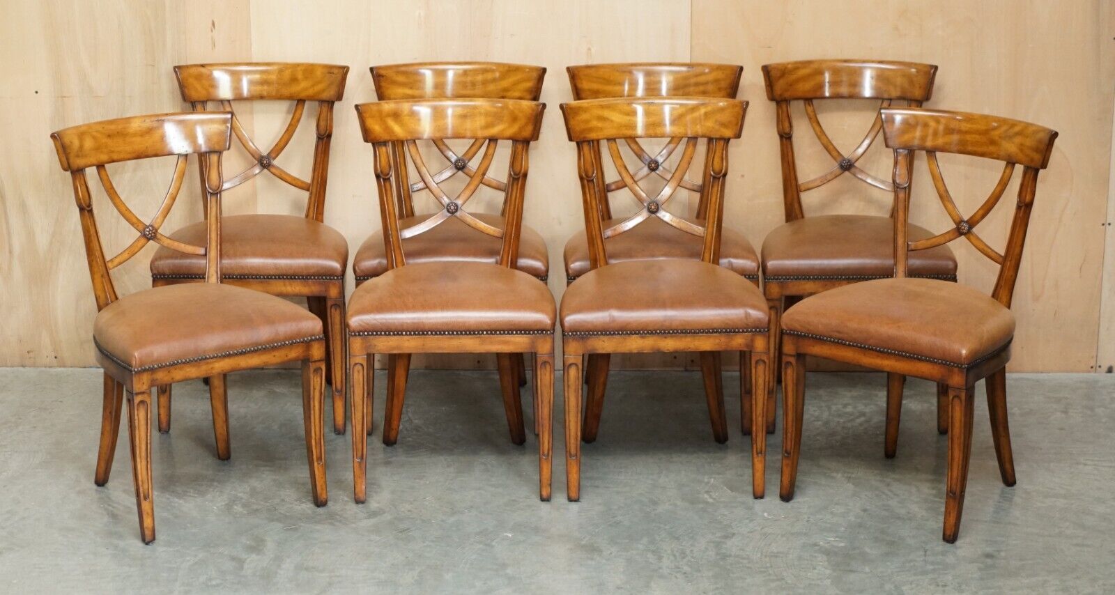 EIGHT STUNNING THEODORE ALEXANDER BROWN LEATHER EMBOSSED DINING CHAIRS PART SET