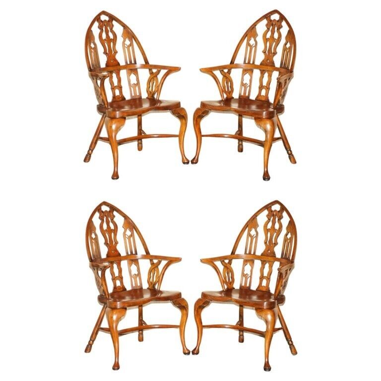 FINE SUITE OF FOUR VINTAGE GOTHIC WINDSOR STEEPLE BACK BURR YEW & ELM ARMCHAIRS