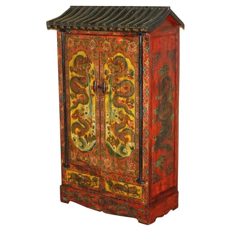 FULL SIZED VINTAGE CHINESE RED DRAGONS PAINTED PAGODA TOP WARDROBE WITH DRAWERS