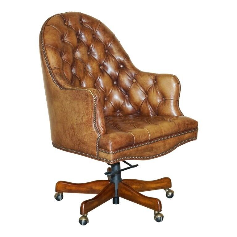 HAND DYED VINTAGE AGED BROWN LEATHER CHESTERFIELD CAPTAINS SWIVEL OFFICE CHAIR