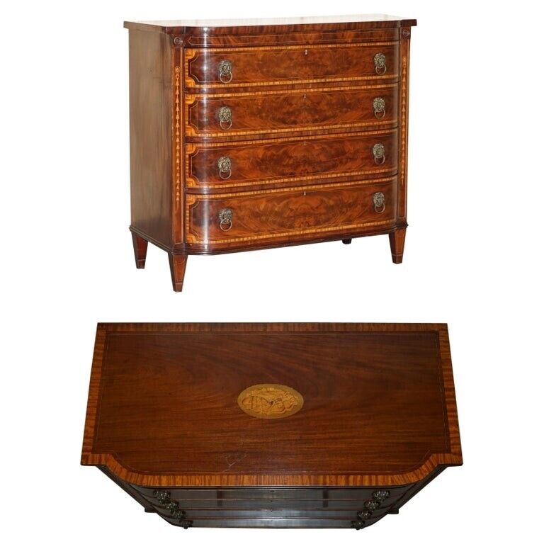 IMPORTANT SHERATON 1859 DATED FLAMED MAHOGANY LION HEAD HANDLE CHEST OF DRAWERS