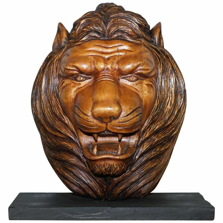 LARGE RARE HAND CARVED LIONS MANE BUST HEAD IN WOOD WITH SOLID MARBLE BASE