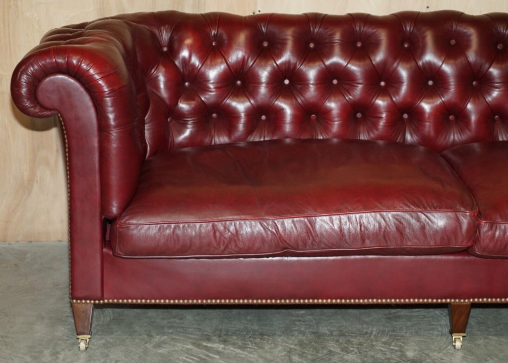 LARGE VINTAGE HOWARD & SON'S OXBLOOD LEATHER FULLY STAMPED CHESTERFIELD ...