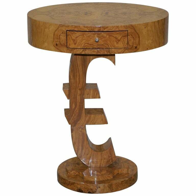 LOVELY ART DECO STYLE BURR WALUT SIDE END LAMP TABLE WITH EURO SIGN BASE