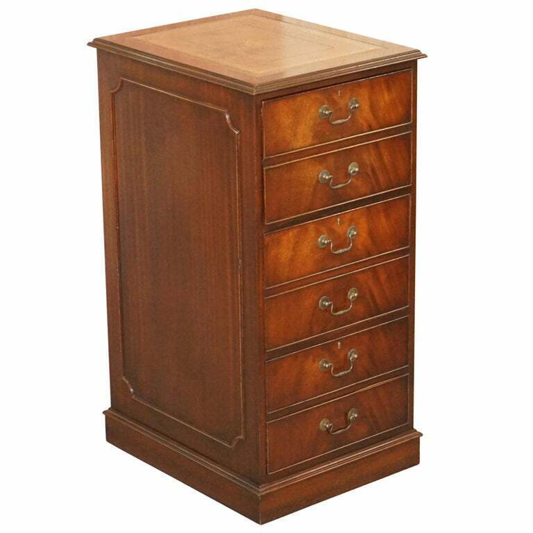 LOVELY FLAMED MAHOGANY LARGE THREE DRAWER FILING CABINET WITH BROWN LEATHER TOP