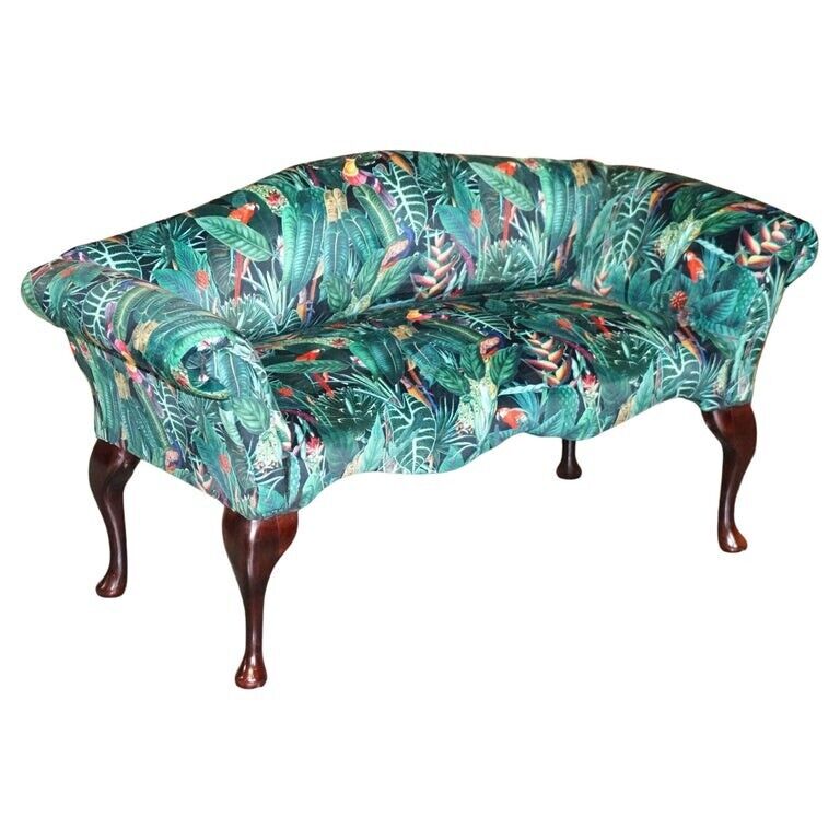 Lovely Vintage Mini Window Seat Bench Sofa with Birds of Paradise Upholstery