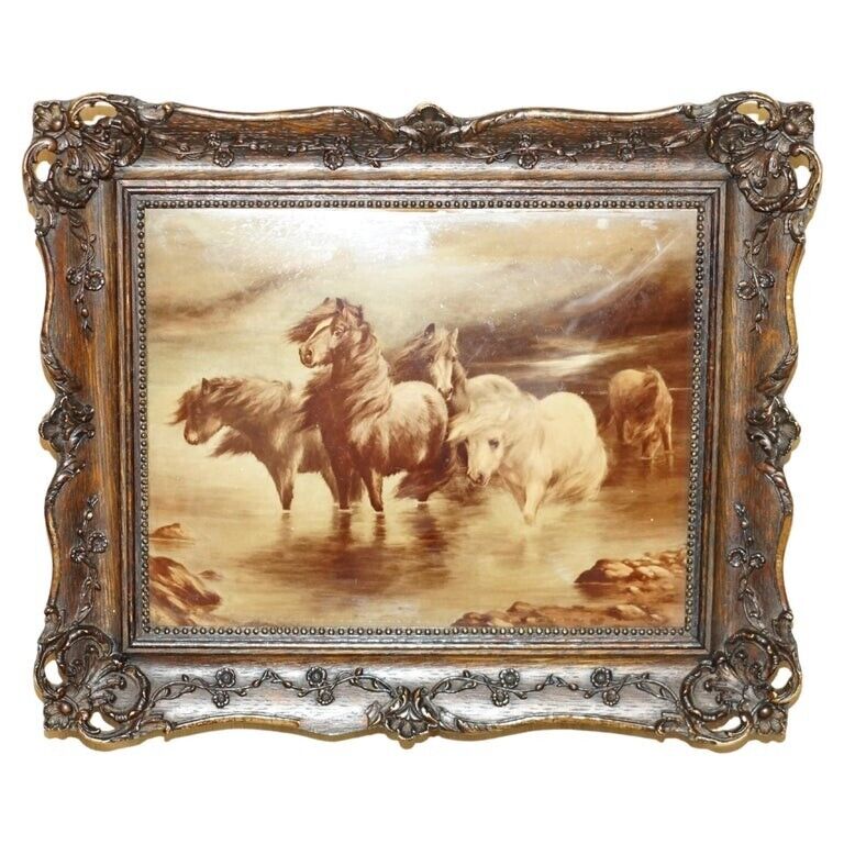 ONE OF TWO ANTIQUE CRYSTOLEUM HAND CARVED MAHOGANY FRAMED PICTURES OF HORSES