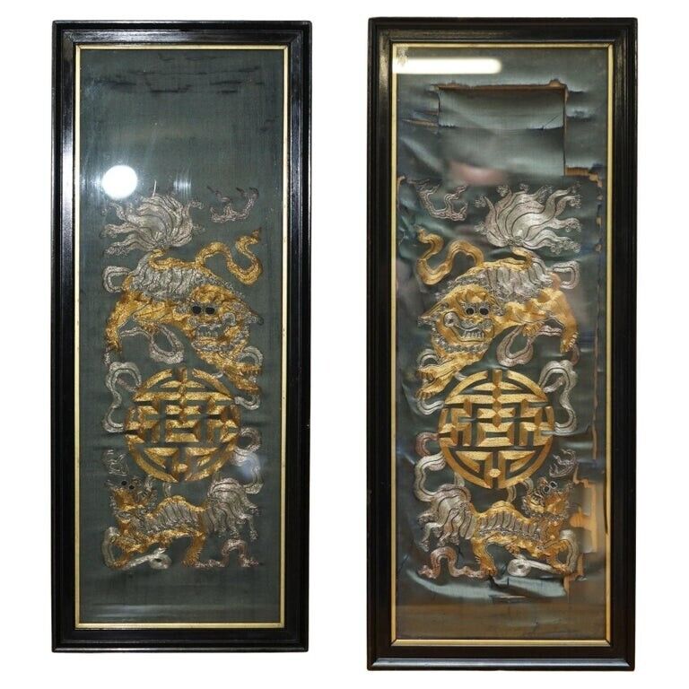 PAIR OF 19TH CENTURY CHINESE DRAGON FOO DOG GOLD SILVER STITCH SILK EMBROIDERIES