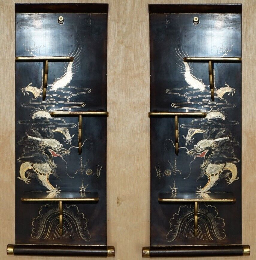 PAIR OF ANTIQUE CIRCA 1900 CHINESE EXPORT CHINOISERIE DRAGON FOLDING SHELVES